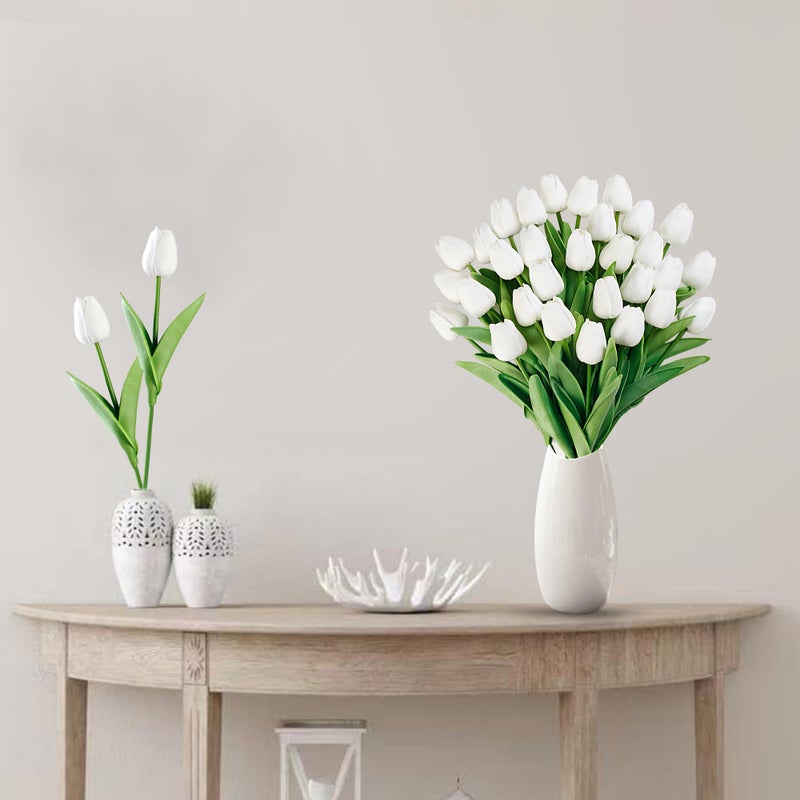 Sggvecsy 30 Pcs Fake Tulips Artificial Flowers Real Touch PU Faux Flowers Tulip Stems for Wedding Spring Bouquet Floral Arrangement Home Party Office Decorations for Mother's Day (White) - Image 3