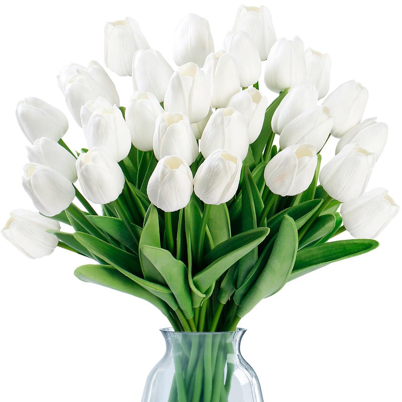Sggvecsy 30 Pcs Fake Tulips Artificial Flowers Real Touch PU Faux Flowers Tulip Stems for Wedding Spring Bouquet Floral Arrangement Home Party Office Decorations for Mother's Day (White) - Image 1