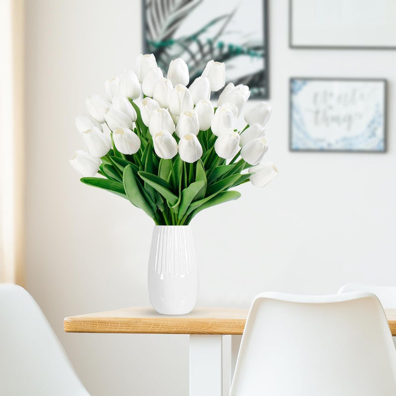 Sggvecsy 30 Pcs Fake Tulips Artificial Flowers Real Touch PU Faux Flowers Tulip Stems for Wedding Spring Bouquet Floral Arrangement Home Party Office Decorations for Mother's Day (White) - Image 2