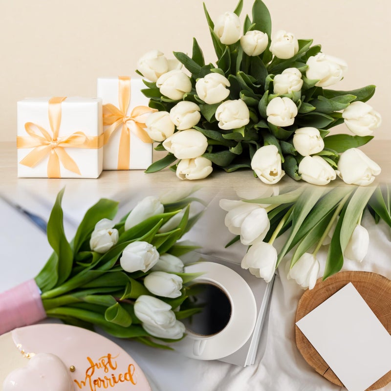 Sggvecsy 30 Pcs Fake Tulips Artificial Flowers Real Touch PU Faux Flowers Tulip Stems for Wedding Spring Bouquet Floral Arrangement Home Party Office Decorations for Mother's Day (White) - Image 4