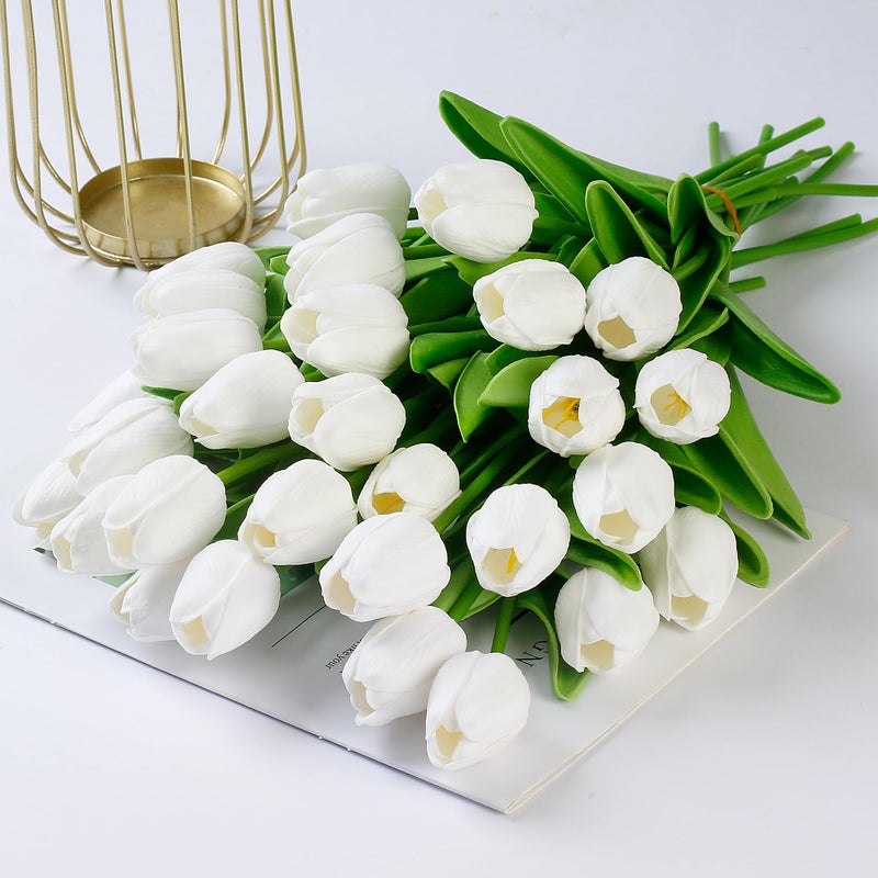Sggvecsy 30 Pcs Fake Tulips Artificial Flowers Real Touch PU Faux Flowers Tulip Stems for Wedding Spring Bouquet Floral Arrangement Home Party Office Decorations for Mother's Day (White) - Image 5