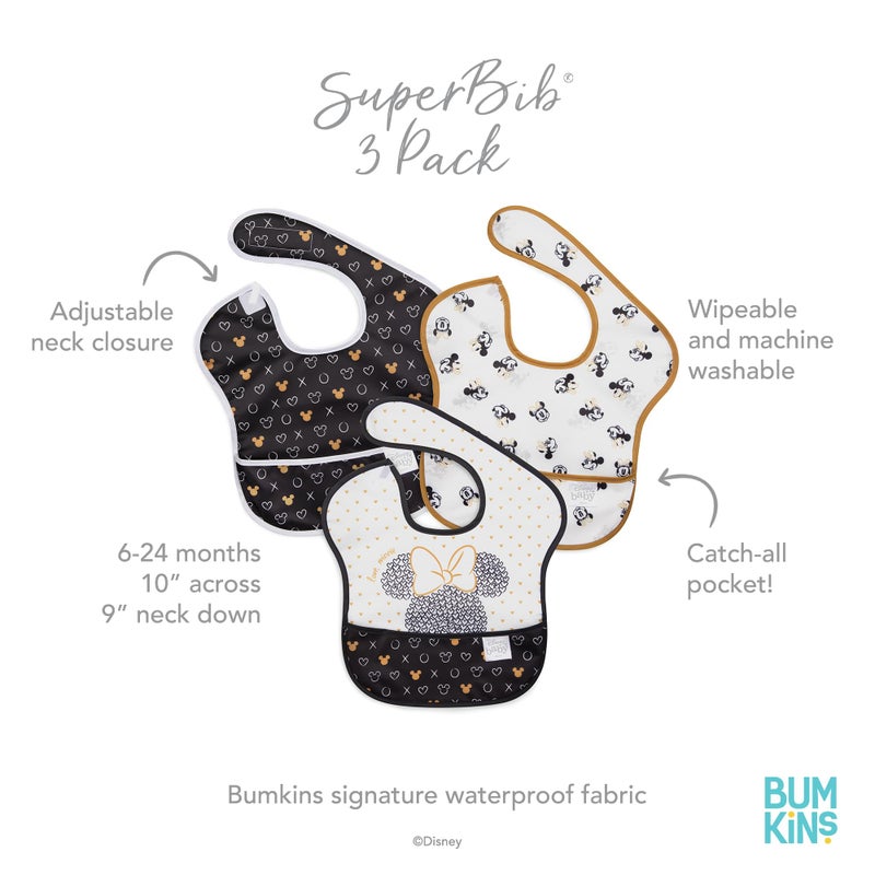 Bumkins Disney Bibs for Girl or Boy, SuperBib Baby and Toddler for 6-24 Months, Essential Must Have for Eating, Feeding, Baby Led Weaning, Mess Saving Waterproof Soft Fabric, 3-pk Minnie Mouse Icon - Image 5