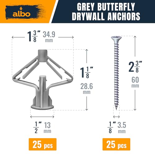 ALBO Drywall Anchor Kit Hollow Wall with Screws 50 pcs. (Grey Anchor 25pcs + Screws 25pcs) Plastic Hollow Wall Drilling Anchors - Image 2
