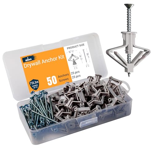 ALBO Drywall Anchor Kit Hollow Wall with Screws 50 pcs. (Grey Anchor 25pcs + Screws 25pcs) Plastic Hollow Wall Drilling Anchors - Image 1