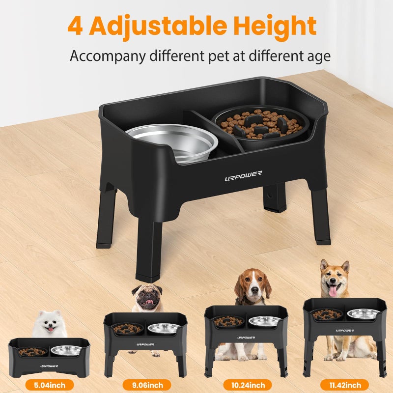 URPOWER 3-in-1 Elevated Dog Bowls - Mess Proof 4 Height Adjustable Raised Stand with 2 Stainless Steel Food Bowls for Small, Medium Dogs - Image 2