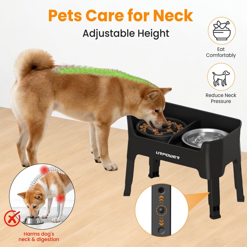 URPOWER 3-in-1 Elevated Dog Bowls - Mess Proof 4 Height Adjustable Raised Stand with 2 Stainless Steel Food Bowls for Small, Medium Dogs - Image 3