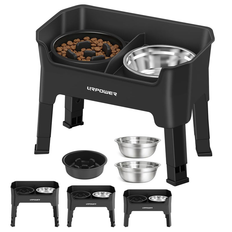 URPOWER 3-in-1 Elevated Dog Bowls - Mess Proof 4 Height Adjustable Raised Stand with 2 Stainless Steel Food Bowls for Small, Medium Dogs - Image 1