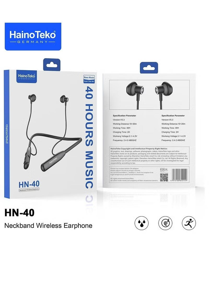 Haino Teko HN40 Neckband Wireless Earphone with Super Clear Mic & High Bass Sound Quality | Bluetooth 5.0, Comfortable Fit, Long Battery Life, Black - Image 1