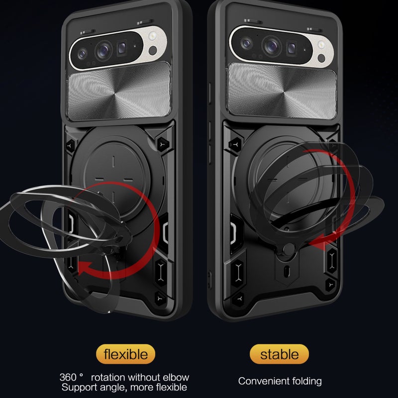 HuHa Protective Cover For Google Pixel 9 / 9 Pro CD Texture Sliding Camshield Magnetic Holder Phone Case(Black) - Image 5