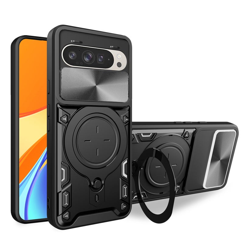 HuHa Protective Cover For Google Pixel 9 / 9 Pro CD Texture Sliding Camshield Magnetic Holder Phone Case(Black) - Image 1