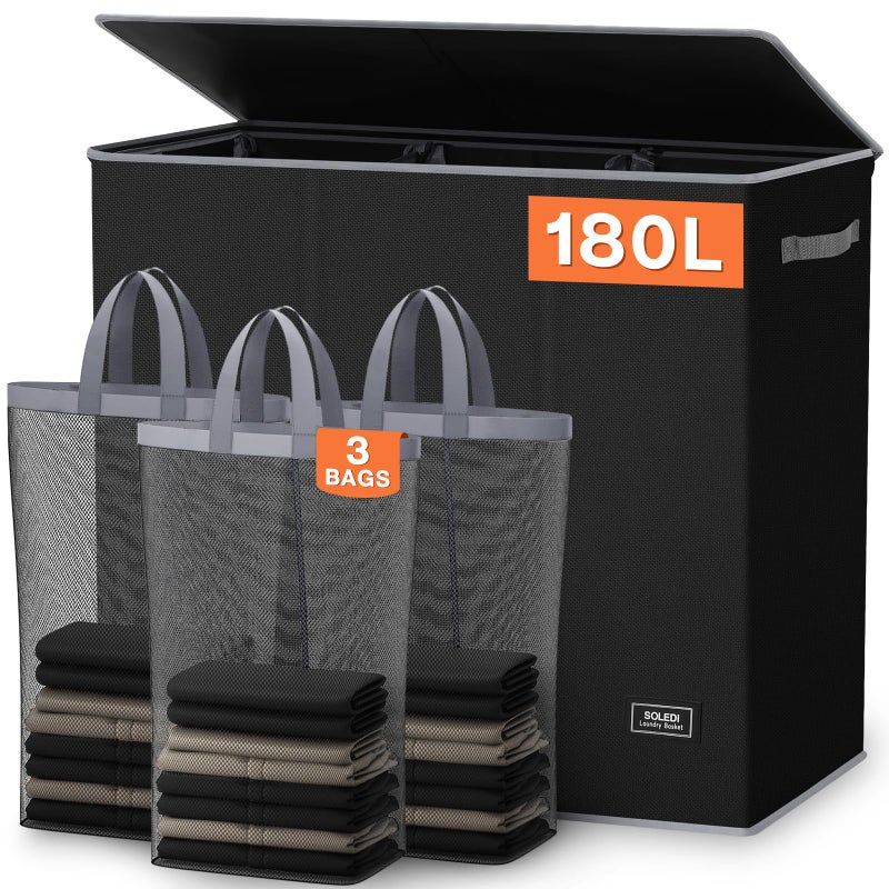 SOLEDI 180L Laundry Hamper 3 Section, Extra Large Laundry Hamper with Lid, Dirty Clothes Hamper with Sturdy Handle, Large Laundry Basket Organizer for Laundry Room, Bedroom, Hampers for Laundry - Image 1