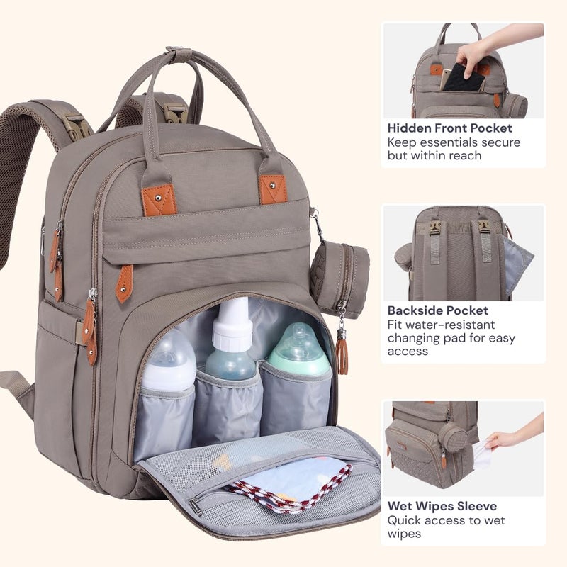 BabbleRoo حقيبة ظهر بابلرو Diaper Bag - حقيبة سفر أساسية للأطفال - حقيبة حفاضات متعددة الوظائف مقاومة للماء، حقيبة سفر أساسية للأطفال مع وسادة تغيير، أحزمة عربة الأطفال وحافظة مصاصة - للجنسين، كاكي - Image 5