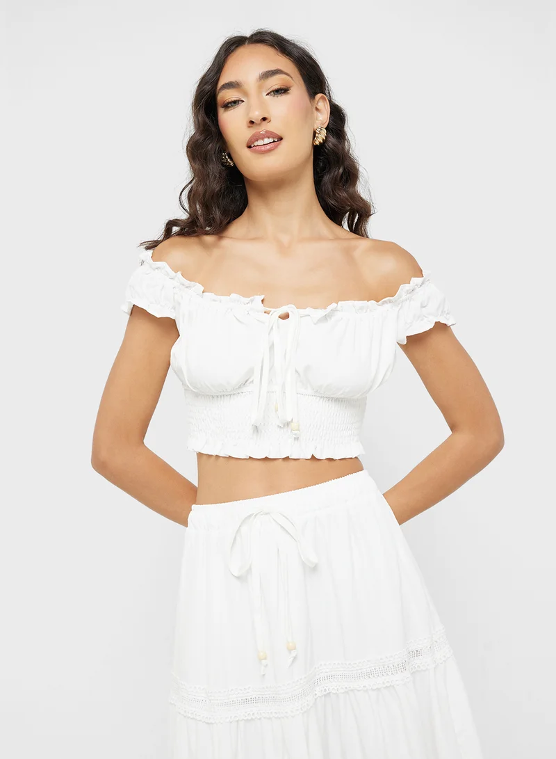 Ginger Off Shoulder Smocked Crop Top & Tiered Maxi Skirt Co-Ord Set