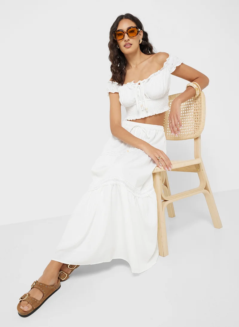 Ginger Off Shoulder Smocked Crop Top & Tiered Maxi Skirt Co-Ord Set