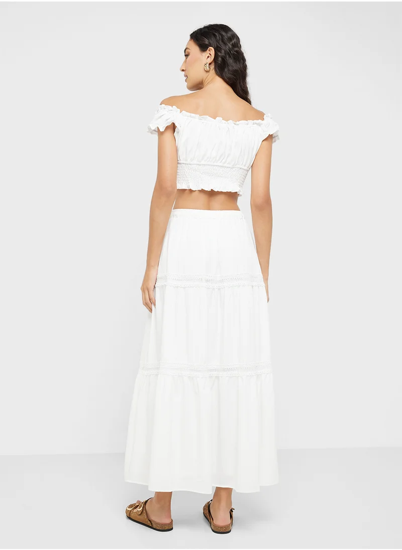 جينجر Off Shoulder Smocked Crop Top & Tiered Maxi Skirt Co-Ord Set