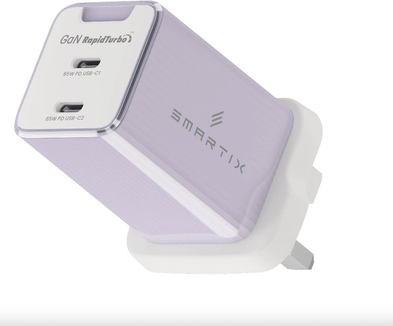 سمارتكس محول حائط فاخر مع منفذي USB-C PD وتقنية IntelliCharge | شاحن سريع RapidTurbo | تصميم مضغوط مناسب للسفر لأجهزة الكمبيوتر المحمولة والأجهزة اللوحية والهواتف الذكية (أرجواني، 65 واط) - Image 1