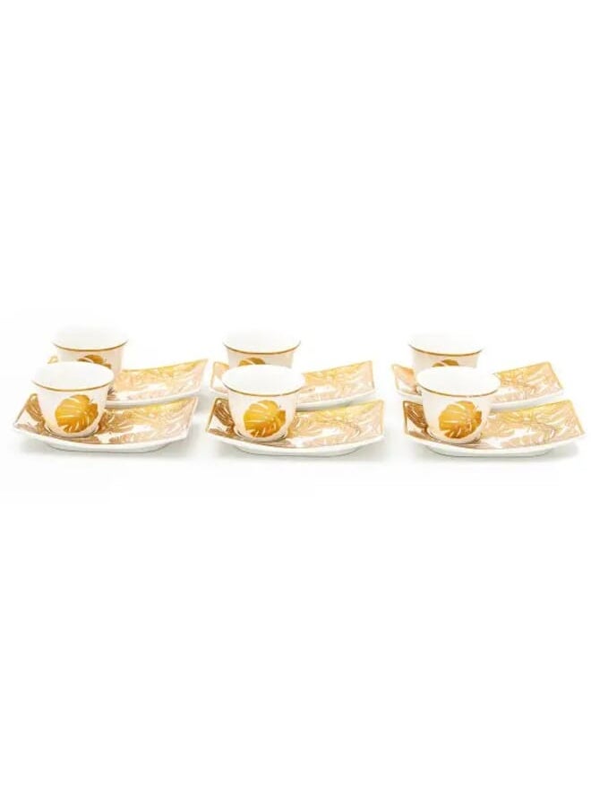 Alsaif Gallery Set of Arabic coffee cups with a white dessert plate and gold leaf 12 pieces  - Image 1