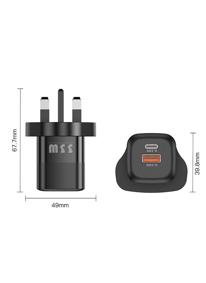 33W GaN Charger Power Fast Charging Adapter Type C PD Fast Charger USB C Charger Head USB A Plug for iPhone Switch ipad Mac,etc Black
