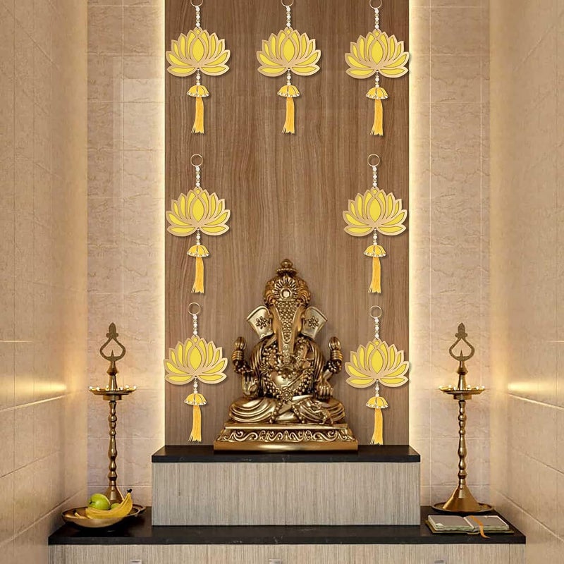 XACA Lotus Toran Hangings for Diwali Navratri Decoration, Floral Wall Hangings for Temple Decor, Pooja Room Decoration Items, Back Dropper, Haldi Decoration Items for Marriage (Yellow, Pack of 7) - Image 1