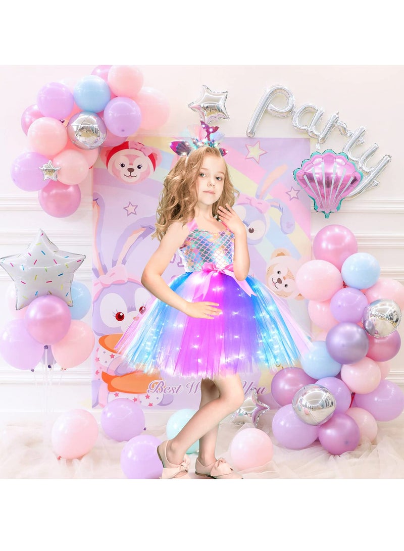 Mermaid Tutu Dress for Girls, LED Light Up Kids Mermaid Costume Outfits with Headband, Princess Dress Up Sequined Mesh Skirt for Birthday Party, Prom, Gift 3-4 Years - Image 3