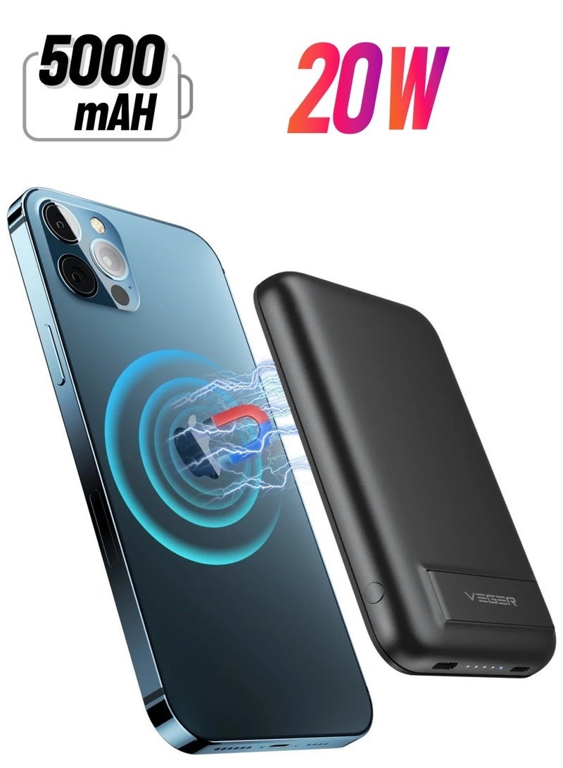 فيجير PD20W Portable Fast Charger Power Bank | 5000mAh Built-in Battery | 15W Magnetic Wireless Charging | Quick Charge USB Output | Foldable Stand | Slim Travel-Friendly Design – Black - Image 1