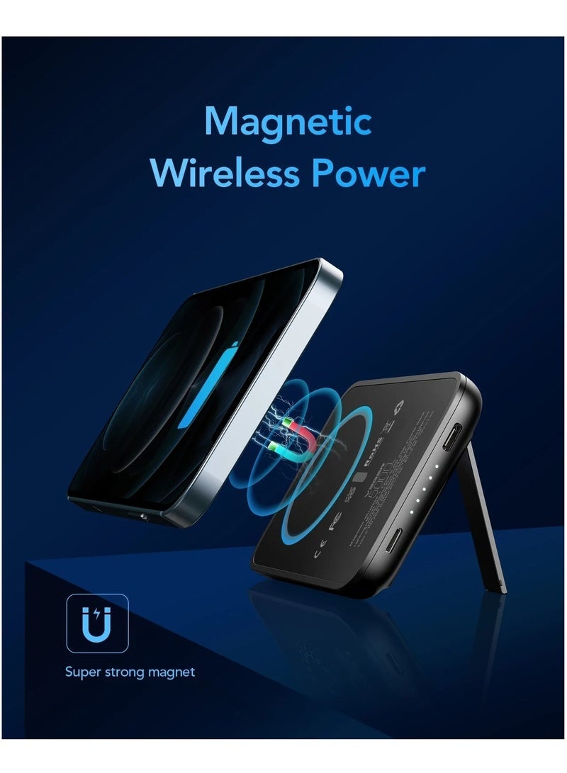 فيجير PD20W Portable Fast Charger Power Bank | 5000mAh Built-in Battery | 15W Magnetic Wireless Charging | Quick Charge USB Output | Foldable Stand | Slim Travel-Friendly Design – Black - Image 2