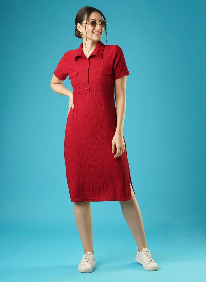 جلو باص Globus Women Maroon Self Design Collared Sheath Midi Dress with Pocket Detail