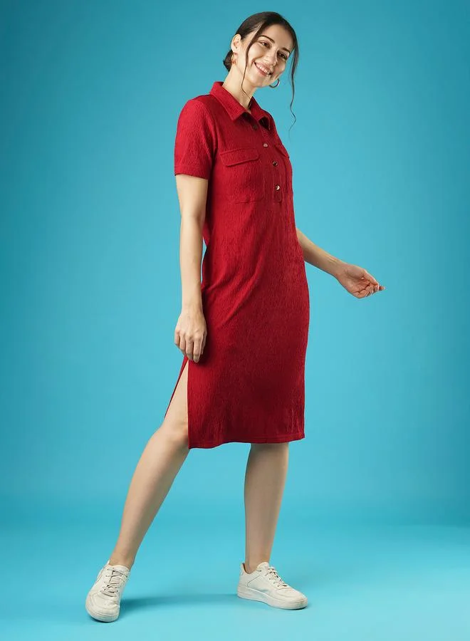 جلو باص Globus Women Maroon Self Design Collared Sheath Midi Dress with Pocket Detail
