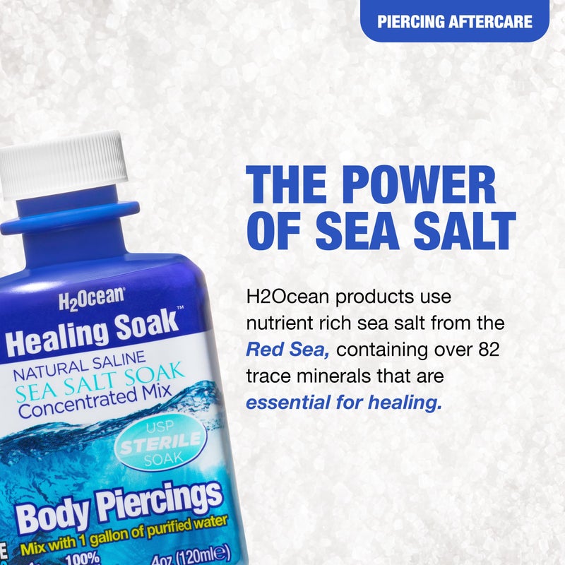 H2Ocean Healing Soak Piercing & Wound Sea Salt Bath - Sea Salt Saline Solution for Piercing & Wound Care - Soothing Aftercare for Body Piercings - 4 oz - Image 3