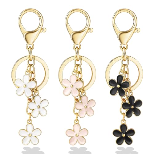 Qubusm 3Pcs Cute Keychain for Women, Flower Enamel Keychains Charms,Sweet Aesthetic Keychains Charms Key chains Accessories for Handbag Backpack Purse Gold Key Chain（White Pink Black - Image 1