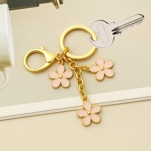 Qubusm 3Pcs Cute Keychain for Women, Flower Enamel Keychains Charms,Sweet Aesthetic Keychains Charms Key chains Accessories for Handbag Backpack Purse Gold Key Chain（White Pink Black - Image 5