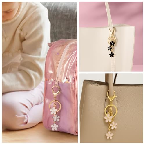 Qubusm 3Pcs Cute Keychain for Women, Flower Enamel Keychains Charms,Sweet Aesthetic Keychains Charms Key chains Accessories for Handbag Backpack Purse Gold Key Chain（White Pink Black - Image 4