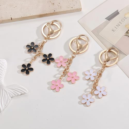 Qubusm 3Pcs Cute Keychain for Women, Flower Enamel Keychains Charms,Sweet Aesthetic Keychains Charms Key chains Accessories for Handbag Backpack Purse Gold Key Chain（White Pink Black - Image 3