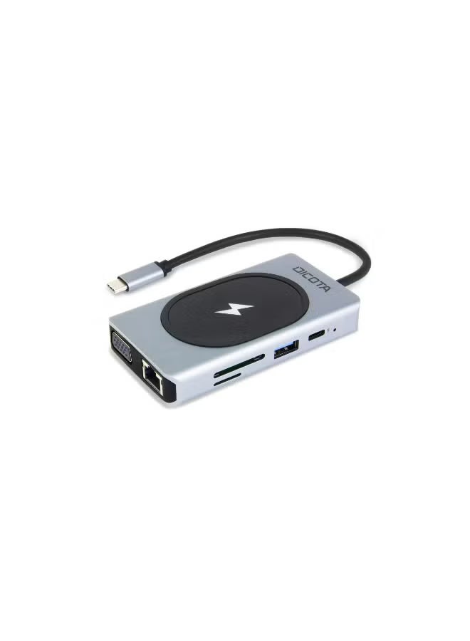 DICOTA USB-C 10-in-1 Charging Hub with 4K HDMI, VGA, PD 100W Power Delivery, 15W Wireless Charging, Gigabit Ethernet, SD/TF Card Reader - Silver/Black | D32059 - Image 1