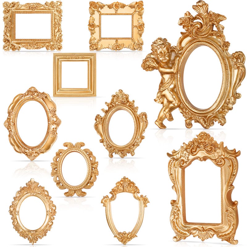 Yulejo 10 Pcs Vintage Resin Picture Frame Antique Vintage Collage Photo Frame Mini Oval Rectangle Wall Hanging Frames for DIY Jewelry Display Home Decor  Without Glass or Backing (Gold) - Image 1