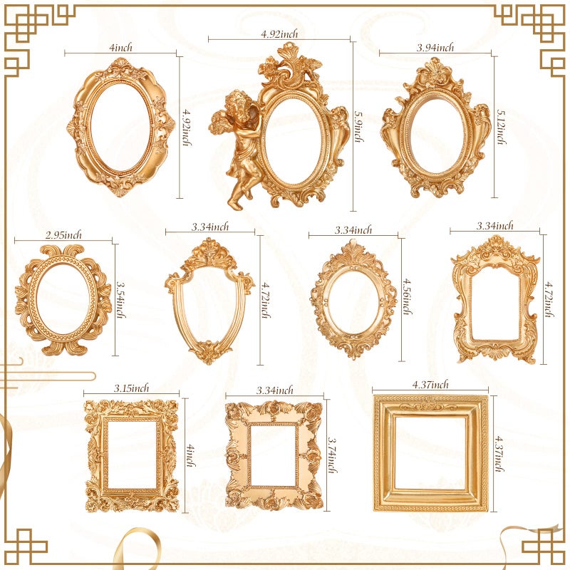Yulejo 10 Pcs Vintage Resin Picture Frame Antique Vintage Collage Photo Frame Mini Oval Rectangle Wall Hanging Frames for DIY Jewelry Display Home Decor  Without Glass or Backing (Gold) - Image 3
