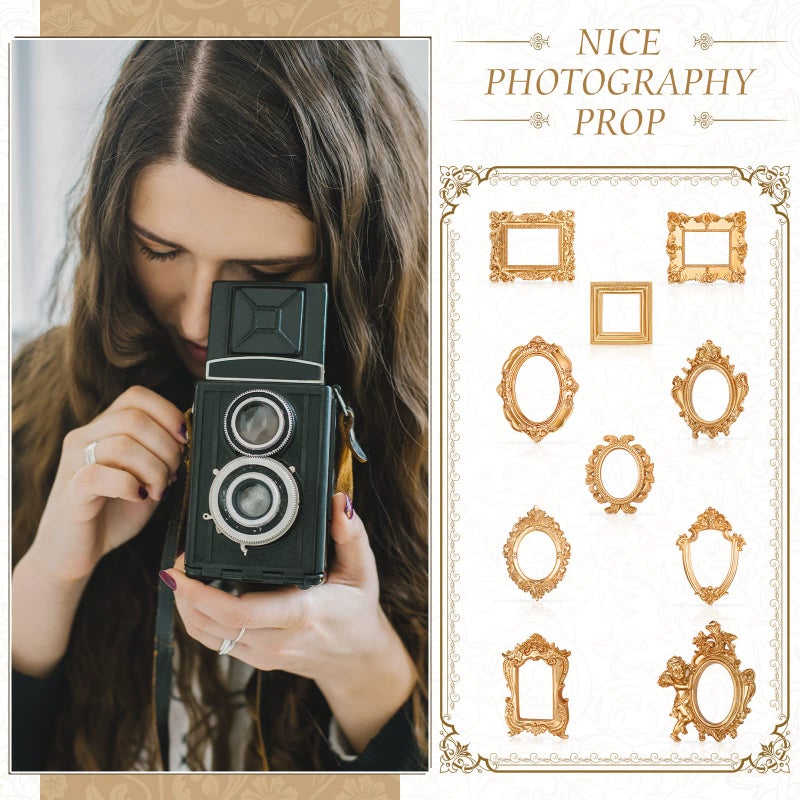 Yulejo 10 Pcs Vintage Resin Picture Frame Antique Vintage Collage Photo Frame Mini Oval Rectangle Wall Hanging Frames for DIY Jewelry Display Home Decor  Without Glass or Backing (Gold) - Image 5
