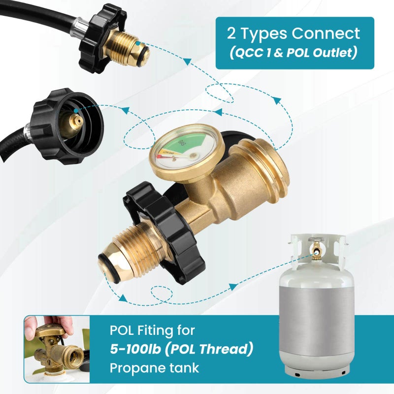 Aekops 100 lb Propane Tank Gauge Adapter, Propane Gauge for 100 lb Propane Tank, Universal Fit Pol to Qcc1 Propane Tank Adapter Converts Pol to Qcc1 - Old to New Connection Type, Solid Brass (1PC) - Image 3