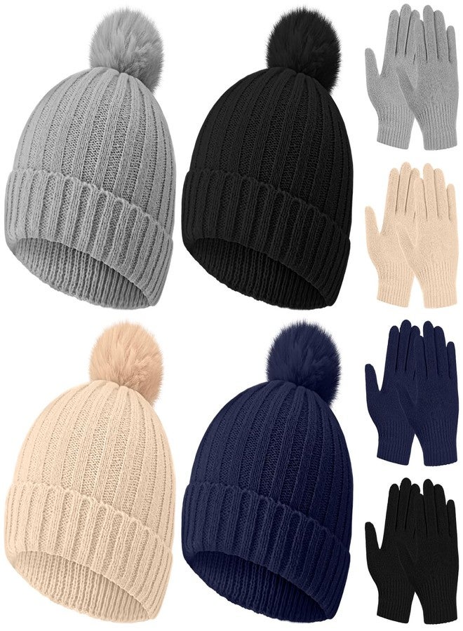 جاجيلي طقم قبعة وقفازات للأطفال من جاغيلي، قبعة وقفازات شتوية دافئة للثلج، قبعة محبوكة للجنسين مع كرة صوفية، أصابع كاملة للتزلج للأولاد والبنات (ألوان داكنة، 8 قطع) - Image 1