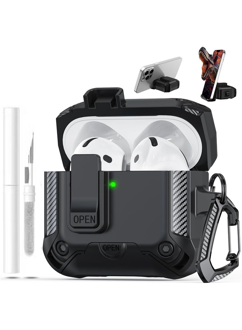 for AirPods 4th Generation Protective Case, One-Touch Opening Function Headphone Case with Phone Holder Function,  Drop Protection, Cleaning Kit Included,  Black - Image 1