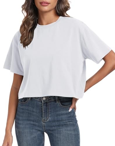 PRIMODA Women's Oversized Workout White Cropped T Shirts Crew Neck Short Sleeve Casual Loose Summer Crop Tee Tops Cotton, S - Image 5