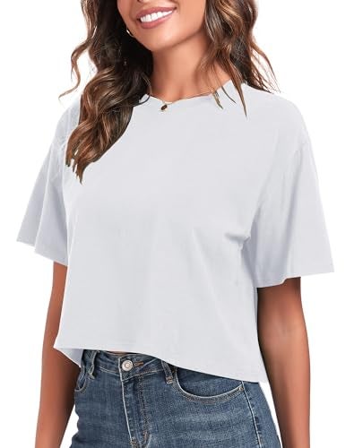 PRIMODA Women's Oversized Workout White Cropped T Shirts Crew Neck Short Sleeve Casual Loose Summer Crop Tee Tops Cotton, S - Image 2