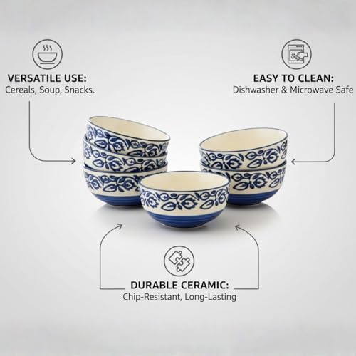 Freakway Hand-Painted Glossy Floral Ceramic Bowl Set of 6 (180ml) | Small Serving Soup Bowls, Cereal Bowl, Pasta Bowls | Dishwasher & Microwave Safe - Multicolor - Image 3