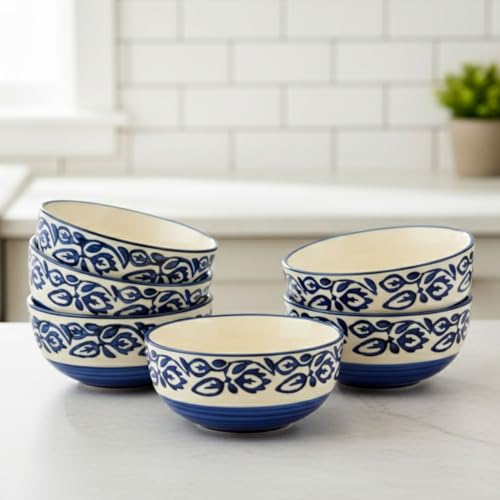 Freakway Hand-Painted Glossy Floral Ceramic Bowl Set of 6 (180ml) | Small Serving Soup Bowls, Cereal Bowl, Pasta Bowls | Dishwasher & Microwave Safe - Multicolor - Image 1