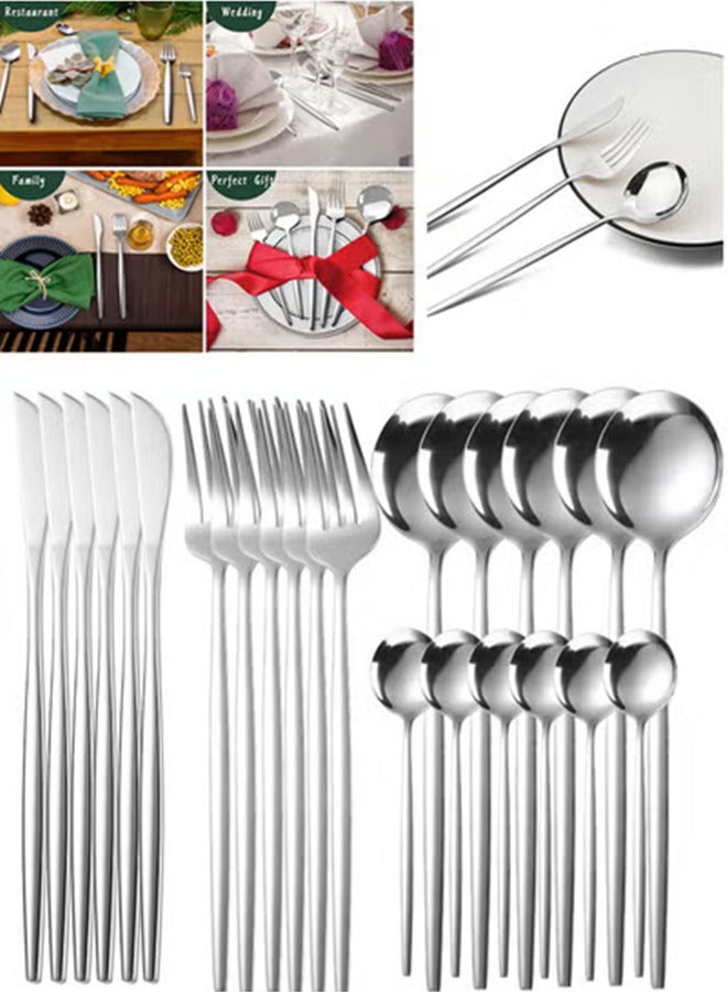 24-Piece Silverware Set, Stainless Steel Flatware Set for 6, Fork Spoon Knife Set, Home Dinnerware Tableware Set, Include Knives/Forks/Spoons Silver  - Image 1