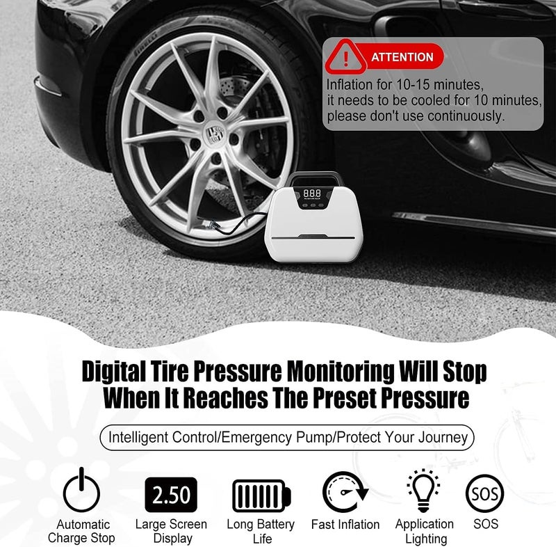 MIKUL Air Compressor Tire Inflator DC 12V Dual-use Portable Electric Car Tyre Pump with Emergency LED Light, Digital Pressure Gauge Auto-Stop Car Air Pump with Valve Adaptors for Car Tires, Motorcycle, Ball - Image 3
