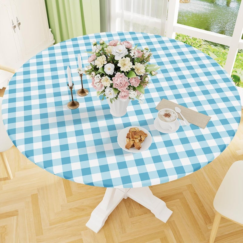 smiry Round Picnic Tablecloth, Elastic Waterproof Fitted Vinyl Tablecloths for 36"-44" Tables, Flannel Backed Buffalo Plaid Table Cover for Dining, Camping, Outdoor, White and Aqua - Image 1