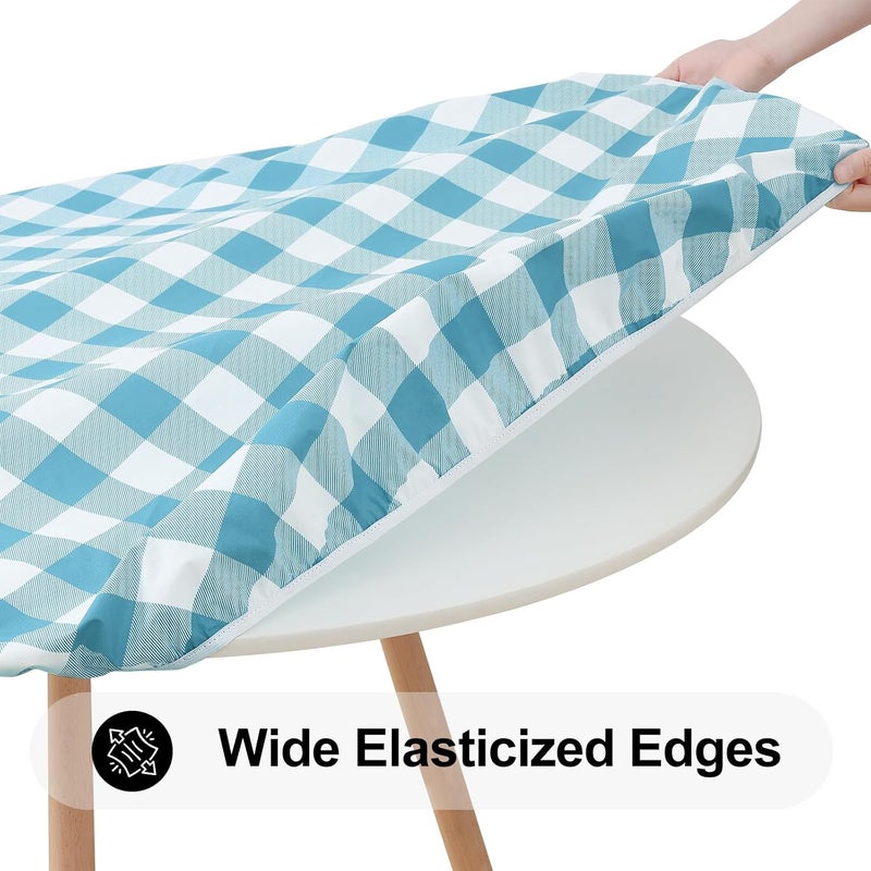 smiry Round Picnic Tablecloth, Elastic Waterproof Fitted Vinyl Tablecloths for 36"-44" Tables, Flannel Backed Buffalo Plaid Table Cover for Dining, Camping, Outdoor, White and Aqua - Image 2
