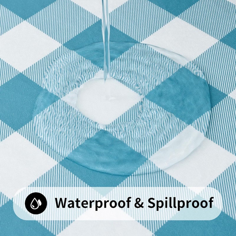 smiry Round Picnic Tablecloth, Elastic Waterproof Fitted Vinyl Tablecloths for 36"-44" Tables, Flannel Backed Buffalo Plaid Table Cover for Dining, Camping, Outdoor, White and Aqua - Image 3