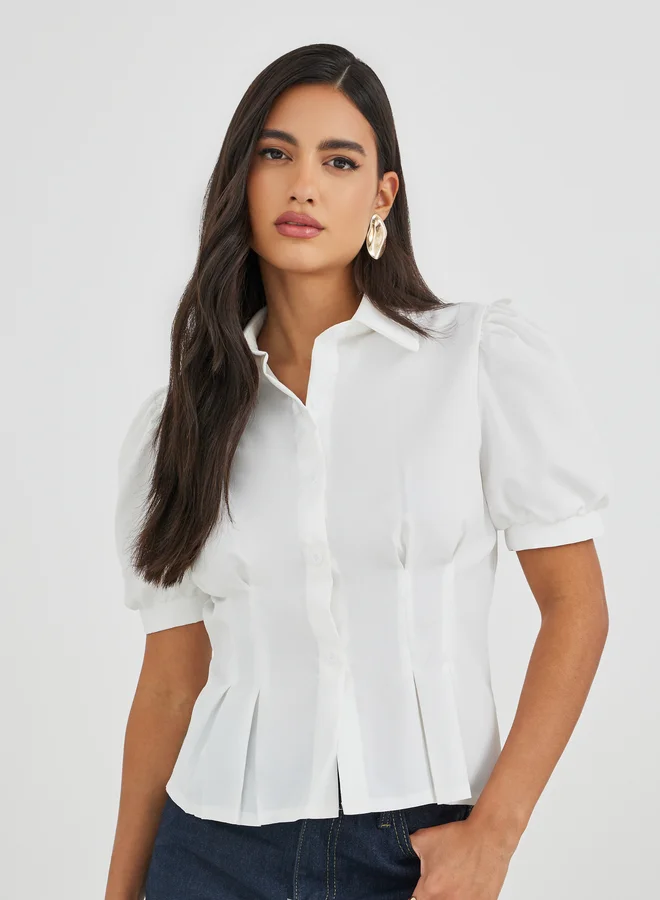 Styli Styli Solid Puff Sleeve Pleated Detail Shirt
